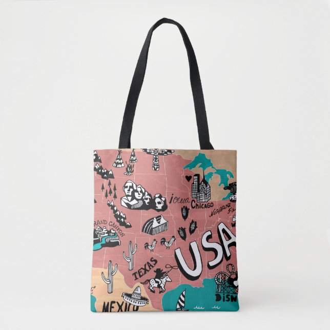 USA Illustrated: Colourful Map Journey. Tote Bag (Front)