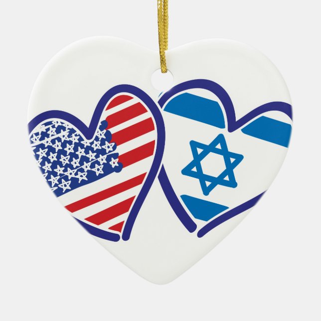USA Israel Heart Flag Ceramic Tree Decoration (Front)