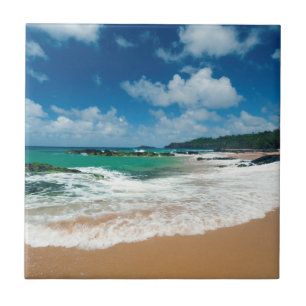 USA, Kauai, Hawaii. A Woman Strolls The Rocks Ceramic Tile