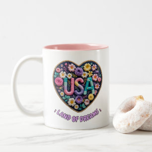 USA Land of Dreams Floral 3D Embroidery Art Two-Tone Coffee Mug