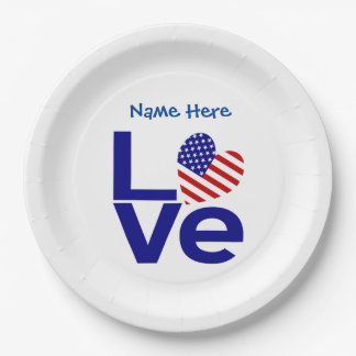 USA Love Flag in Blue Personalised Party Paper Plate