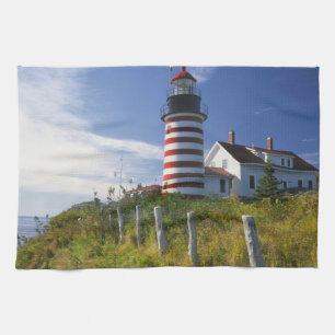 USA, Maine, Lubec. West Quoddy Head Lighthouse Tea Towel