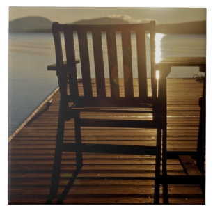 USA, Maine, Rockwood. A chair with a view of Ceramic Tile