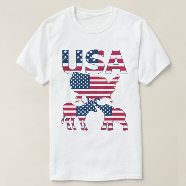 USA Map Donkey Elephant on Flag Political Election T-Shirt (Design Front)