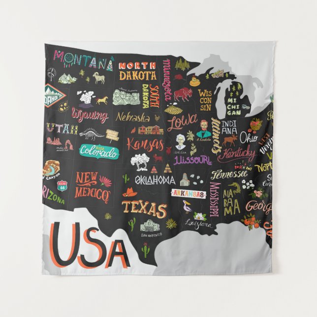 USA Map: Illustrated Poster Tapestry (Front)