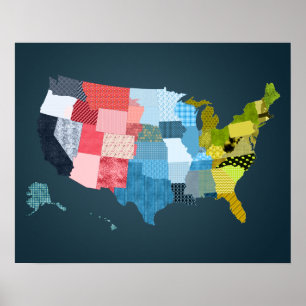 USA Map in a Patchwork Faux Quilt Design Poster