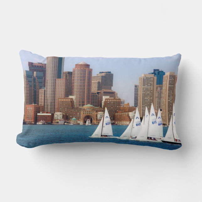 USA, Massachusetts. Boston Waterfront Skyline 4 Lumbar Cushion (Front)
