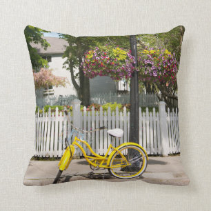 USA, Michigan, Mackinac Island. Yellow Bike Cushion