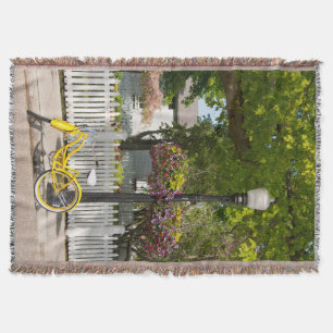 USA, Michigan, Mackinac Island. Yellow Bike Throw Blanket