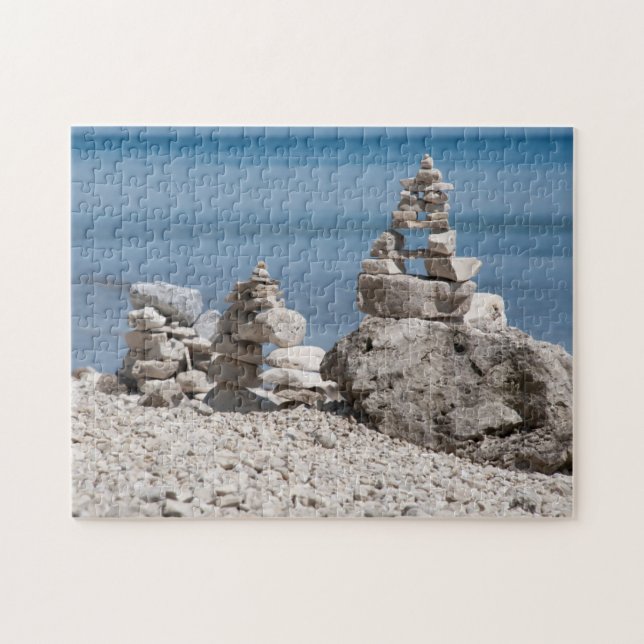 USA, Michigan. Stone Towers On The Beach Jigsaw Puzzle (Horizontal)