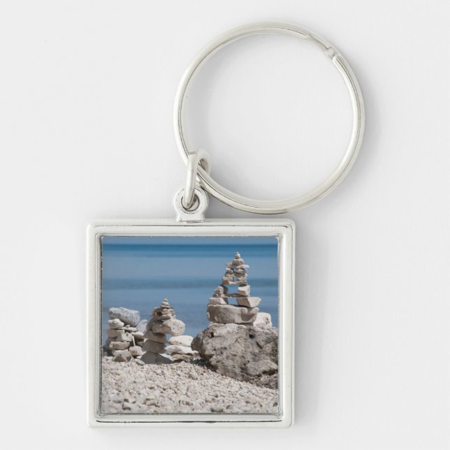 USA, Michigan. Stone Towers On The Beach Key Ring (Front)