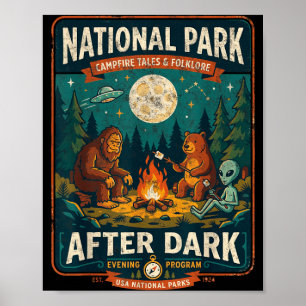 USA National Parks After Dark Sasquatch Alien Bear Poster