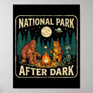 USA National Parks After Dark Sasquatch Alien Bear Poster