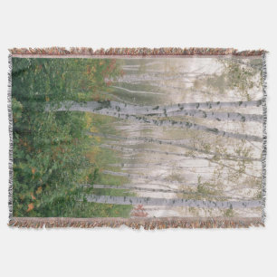 USA, New Hampshire. Birch trees in clearing fog Throw Blanket