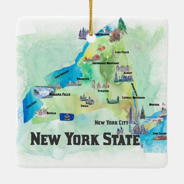 USA New York State Travel Poster Map Ceramic Ornament (Back)