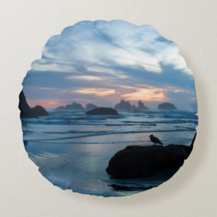 USA, Oregon, Bandon Beach. Seagull on rock Round Cushion