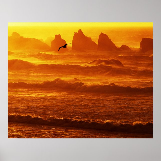USA, Oregon, Bandon. Sunset over waves and sea Poster (Front)