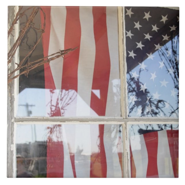 USA, Oregon, Shaniko. Flag in window next to Tile (Front)