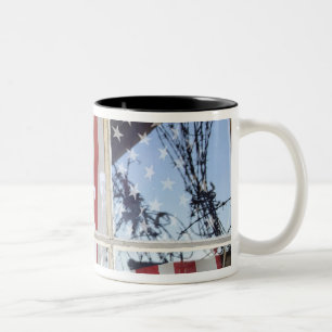 USA, Oregon, Shaniko. Flag in window next to Two-Tone Coffee Mug