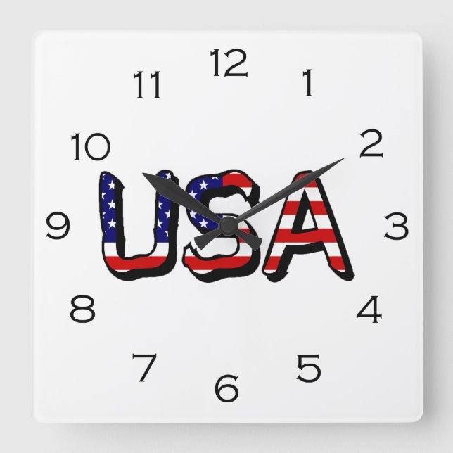 USA overlaid on US Flag Black Numbers wccnt Square Wall Clock (Front)