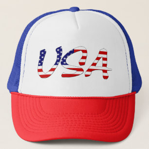 USA overlaid on US Flag thcn Trucker Hat