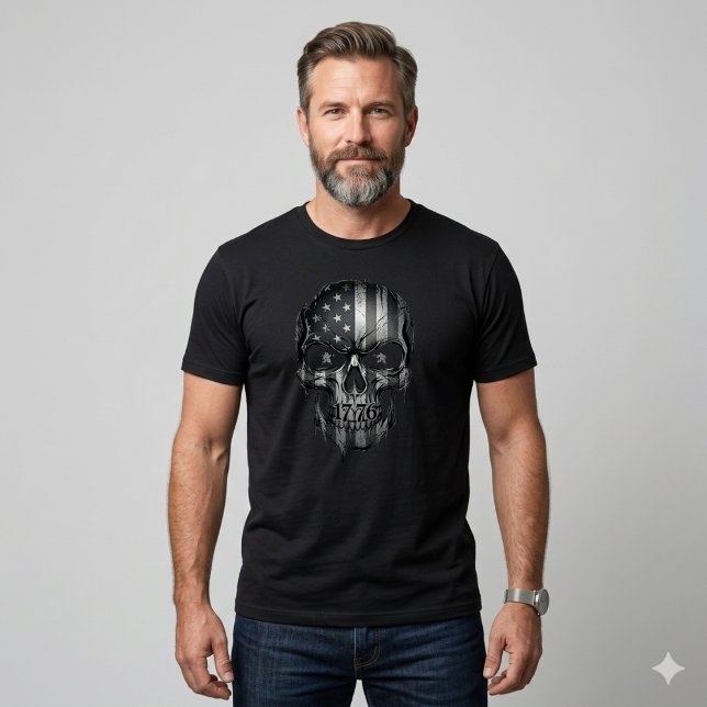 USA Patriot 1776 Skull American Flag Distressed  T-Shirt (United we stand. Premium back view for a powerful patriotic presence.)