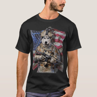 USA Patriot Siberian Husky Dog as Commando  T-Shirt