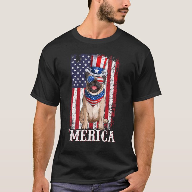 Usa Patriotic American Flag  Beige Pug Dog 4th Of  T-Shirt (Front)