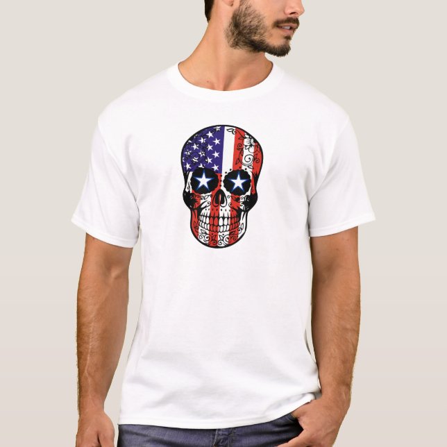 USA Patriotic American Flag Sugar Skull T-Shirt (Front)