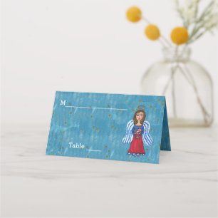 USA Patriotic Angel Holding flag Blue Gold Stars Place Card
