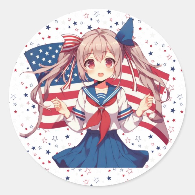 USA patriotic anime girl Classic Round Sticker (Front)