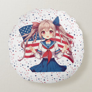 USA patriotic anime girl Round Cushion