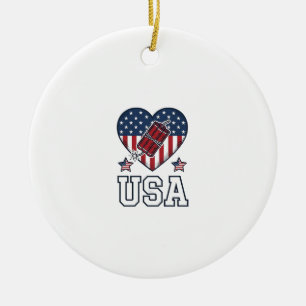USA Patriotic Firecracker Heart Vintage Vector Shi Ceramic Ornament
