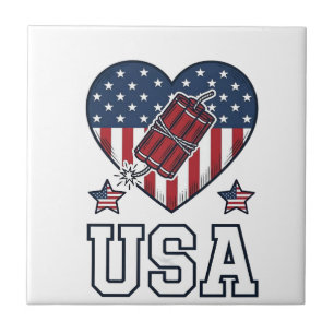 USA Patriotic Firecracker Heart Vintage Vector Shi Ceramic Tile