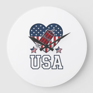 USA Patriotic Firecracker Heart Vintage Vector Shi Large Clock