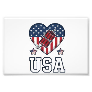 USA Patriotic Firecracker Heart Vintage Vector Shi Photo Print