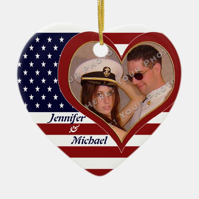 USA Patriotic Flag Heart Your Photo Ornamenent Ceramic Ornament (Front)