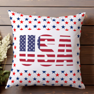 USA Patriotic July Red White Blue Stars Cushion