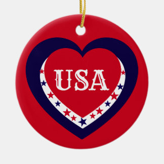USA Patriotic Red White Blue Heart Christmas Ceramic Ornament