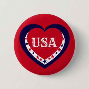 USA Patriotic Red White Blue Heart Festive July 4 6 Cm Round Badge