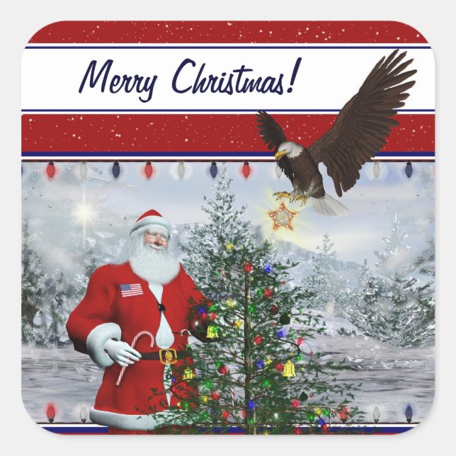 USA Patriotic Santa Merry Christmas Gift Stickers (Front)