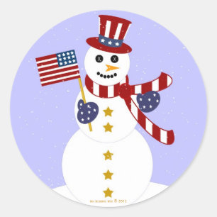USA Patriotic Snowman with Flag Round Stickers