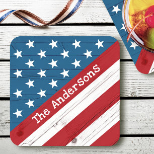 USA Patriotic Stars Stripes Flag Name Rustic Wood Square Paper Coaster
