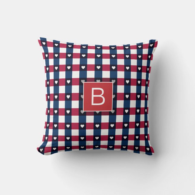 USA Pattern Hearts Red White Blue Custom Monogram Cushion (Front)