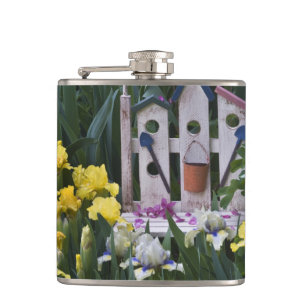 USA, Pennsylvania. Garden irises grow around Hip Flask