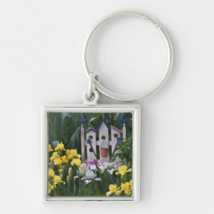 USA, Pennsylvania. Garden irises grow around Key Ring