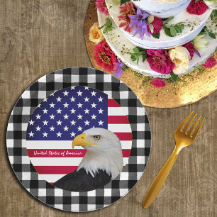 USA Plate, Eagle, buffalo plaid & American Flag Paper Plate