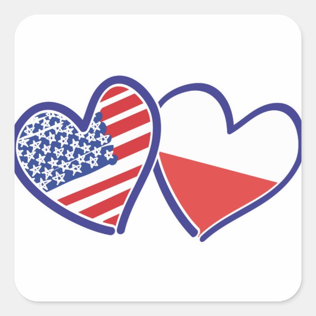USA Poland Flag Hearts Square Sticker (Front)