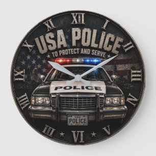 USA Police Classic Patrol Car Vintage Large Clock