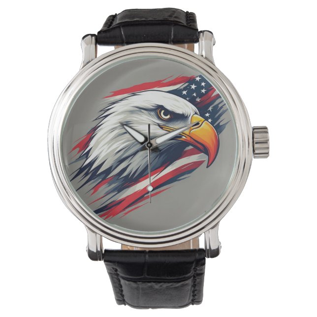 USA Pride Gift – Bald Eagle with American Flag Watch (Front)